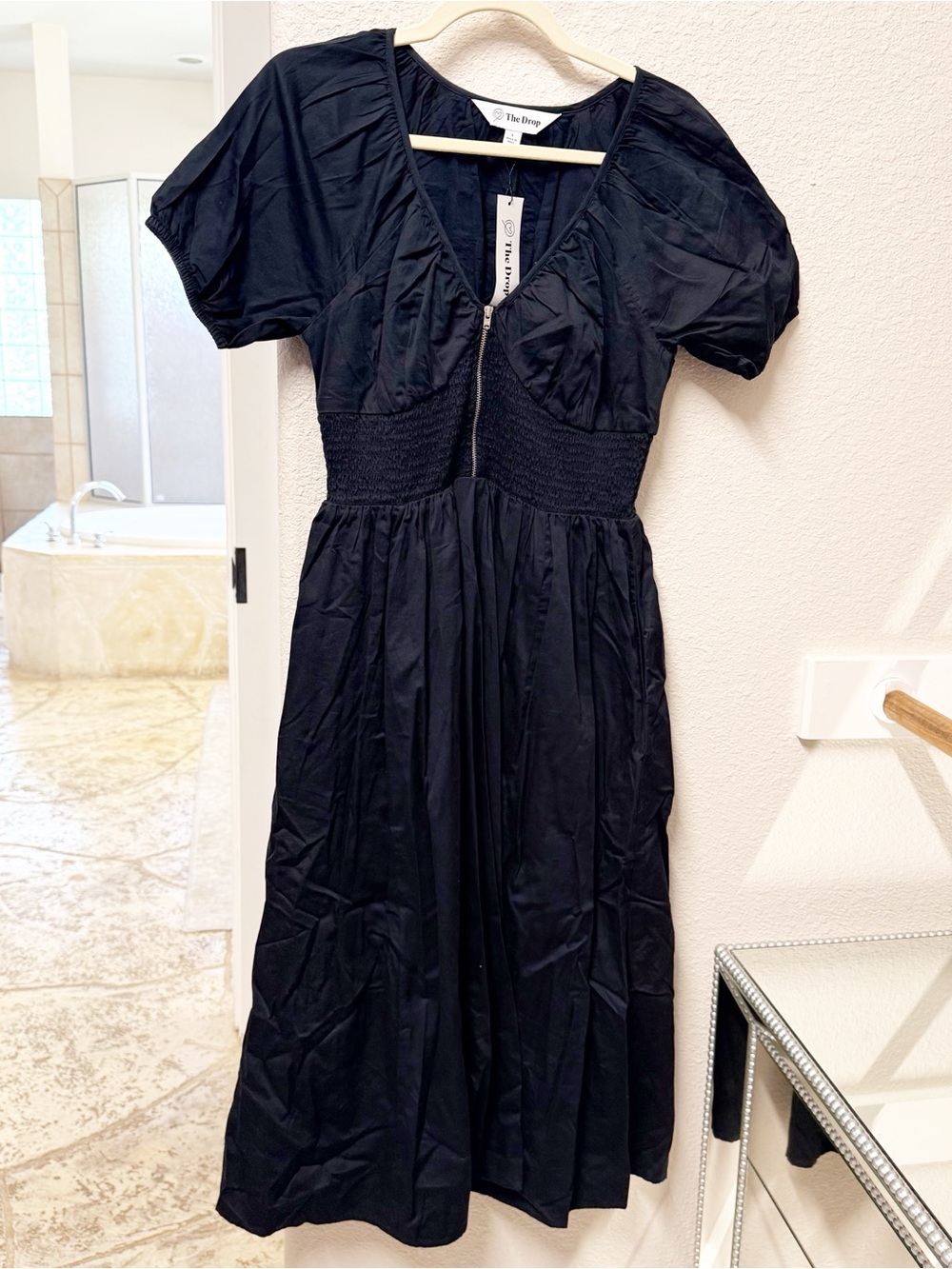 NEW The Drop Black V-Neck Smocked Midi Dress with Zip Small NWT